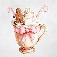 a drawing of a cup filled with whipped cream and candy canes