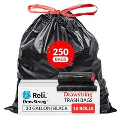 the drawstring trash bags are black and have red ribbons on them for extra storage