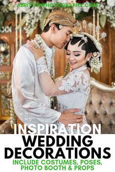 an advertisement for a wedding with two people dressed in traditional thai garb and holding each other