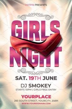 girls night flyer template with high heel shoes on the front and bottom, in pink