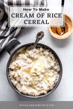 a bowl filled with rice next to a spoon