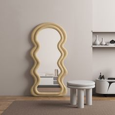 a room with a mirror, stool and shelves on the wall next to each other