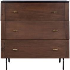 a brown dresser with brass handles and drawers