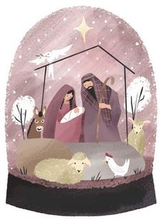 a nativity scene with sheep, lambs and a baby jesus