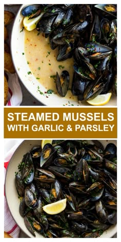 steamed mussels with lemon and parsley in a white bowl