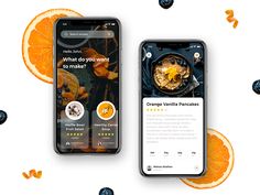 two smartphones with food on the screen and an orange slice next to each other