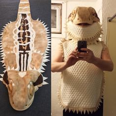 a person taking a selfie next to an animal mask