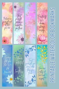 six watercolor cards with flowers and words on them, all in pastel colors