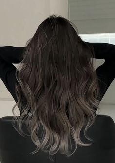 Double Ash Blonde Hair, Ash Streaks On Black Hair, Black Fading Into Blonde Hair, Hair Color Aesthetic Ideas, Darker Hair Balayage, Dark Hair Colors 2023, Silver Highlights For Dark Brown Hair, Ash Highlights Dark Brown Hair, Deep Ash Brown Hair Dark