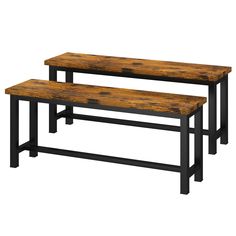 two wooden benches sitting next to each other on top of a white background with black metal legs