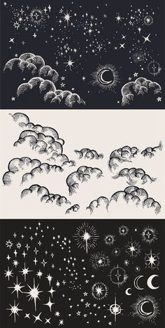 three different types of stars and clouds in the night sky, each with their own image