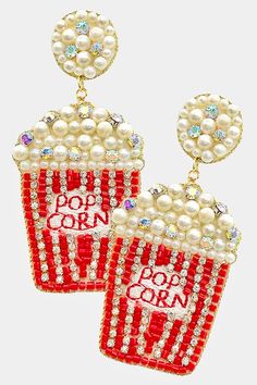 popcorn earrings with pearls and crystals on the front, featuring pop corn in red and white