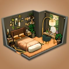 a room with a bed, desk, mirror and other items on the floor in it