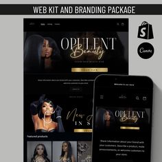 the website for an african beauty brand is displayed on a phone and tablet screen, with text that reads'web kit and branding package '