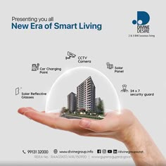 a person holding up a glass ball with the words new era of smart living in it