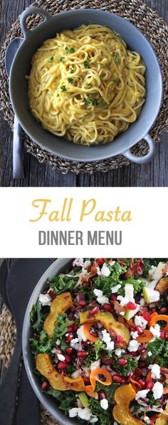 two pictures with different types of pasta in them and the words fall pasta dinner menu