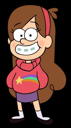 a cartoon girl with brown hair wearing a pink shirt and purple shorts, standing in front of a black background