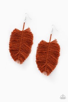 Featuring an earthy brown hue reminiscent of terracotta, a loop of thread gives way to a leafy brown fringe, creating a statement-making texture. Earring attaches to a standard fishhook fitting. Sold as one pair of earrings. Bedazzled Jewelry, Hanging By A Thread, Brown Fringe, Brown Earrings, Earthy Brown, Macrame Knot, Family Jewels, Paparazzi Accessories, Tassel Fringe