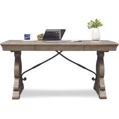 a laptop computer sitting on top of a wooden desk next to a potted plant