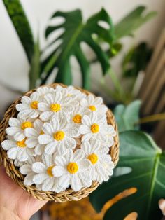 a hand holding a small basket with white and yellow flowers