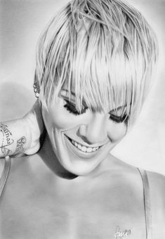 a pencil drawing of a woman with short hair and piercings on her arm, smiling