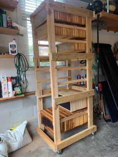 a large wooden shelf sitting inside of a garage