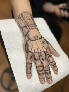 a person's hand with tattoos on it that has an image of a robot on it