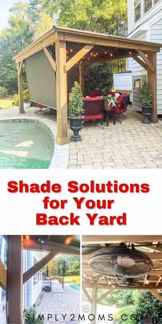 the back yard with an attached gazebo and fire pit in it, surrounded by landscaping