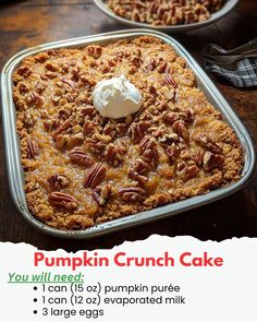 an advertisement for pumpkin crunch cake on a table