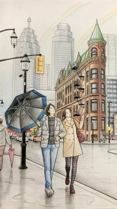 a drawing of people walking down the street with umbrellas on a rainy day in new york city