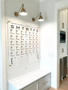 a white kitchen with an eye chart on the wall