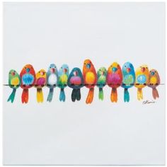 a group of colorful birds perched on top of each other's strings in a row