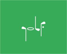 a green square with the word golf on it and two clubs in front of them