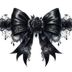 a black bow with lace and flowers on the side is featured in this tattoo design