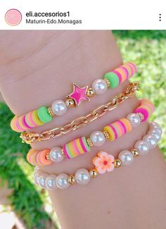 Kids Bead Bracelet, Girly Bracelets, Diy Bracelets With String, Crystal Bead Jewelry, Preppy Jewelry, Polymer Clay Bracelet, Bracelets Handmade Diy, Clay Bracelet, Beaded Jewelry Tutorials