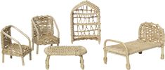 wicker chairs and footstools are arranged together