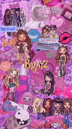 a collage of barbie dolls and other items on a purple background with pink polka dots