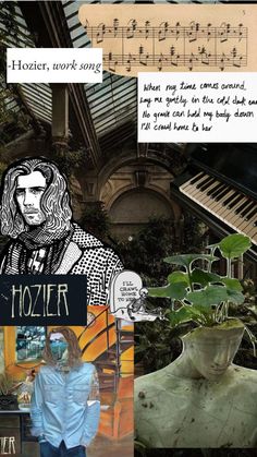 a collage of photos with music notes and pictures on them, including a woman standing in front of a piano