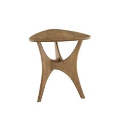 a small wooden table with an oval shaped design on the top and bottom, sitting against a white background