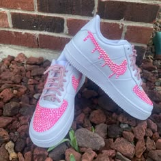 Pink Drippy Custom Made Blinged Air Force 1 With Blinged Shoe Strings Cute Bedazzled Things, Bedazzled Jordans, Bedazzle Shoes, Custom Air Force Ones, Custom Jordan Shoes, Bedazzled Shoes Diy, Bling Nike Shoes, Casual Shoes Women Sneakers, Bedazzled Shoes