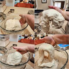 four pictures showing how to make bread dough in a glass bowl and then knead