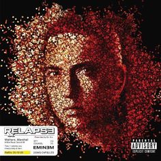 the album cover art for relapse, which features an image of a man's face surrounded by red and gold sprinkles