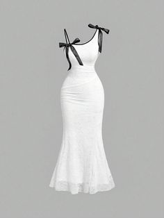 SHEIN MOD White Asymmetric Shoulder Strap Black Bow Decoration Ruched Mermaid Summer Women's Dress,Wedding Dress,Graduation  DressI discovered amazing products on SHEIN.com, come check them out! One Shoulder Mermaid Dress, Black And White Dress Aesthetic, Dresses With Bows, Graduate Dress, Knitted Outfits For Women, Graduation Clothes, Dresses For Graduation, Dresses Shein, Dress Attire