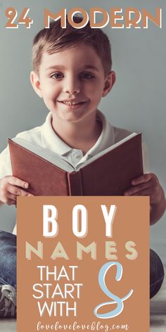 a boy reading a book with the title, 24 modern boys names that start with 2