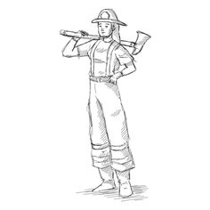 a drawing of a fireman holding a baseball bat on his shoulder and looking at the viewer