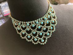 Diamond swag bib necklace Vintage retro gold tone turquoise clear diamanté rhinestone paste necklace 38cm to 43cm Crystal Necklaces, Bleu Turquoise, Vintage Turquoise, Necklace Vintage, Bib Necklace, Vintage Necklace, Crystal Necklace, Favorite Jewelry, Etsy Accessories