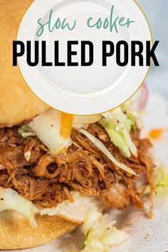 pulled pork sandwich with coleslaw and cheese on it, sitting on a plate