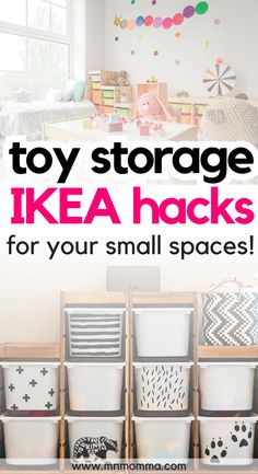 text states "toy storage IKEA hacks for your small spaces" image shows a pyramid of toy buckets decorated with black and white designs, top image is of more colorful totes and toys cleaned up in a playroom Ikea Trofast Corner, Ikea Toys Storage Ideas, Toy Storage Ideas For Small Spaces, Cheap Toy Storage Ideas, Toys Organization Ideas Small Spaces, Toy Storage Ikea, Toy Storage Hacks, Ikea Kids Storage, Playroom Bathroom