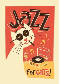 a poster with a cat that is listening to music on the record player's head