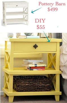 a yellow nightstand with books on it and a basket under the shelf next to it